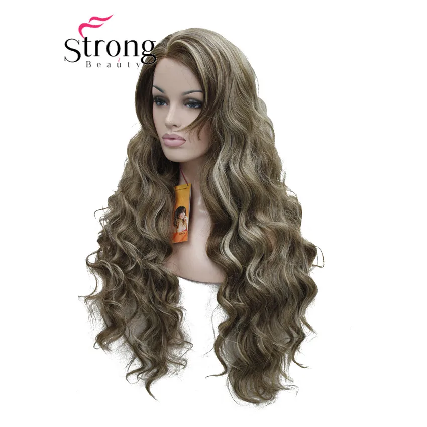 StrongBeauty парик из синтетического кружева спереди волнистый коричневый выделенный полный парик для женщин