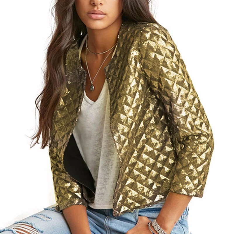 2019 Новый Для женщин блейзер сезон: весна–лето ромб Блестки Блейзер короткие