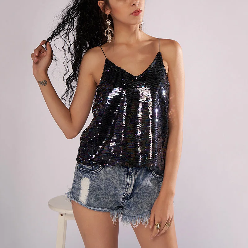 Женский жилет с блестками и V образным вырезом без рукавов|Топы| |