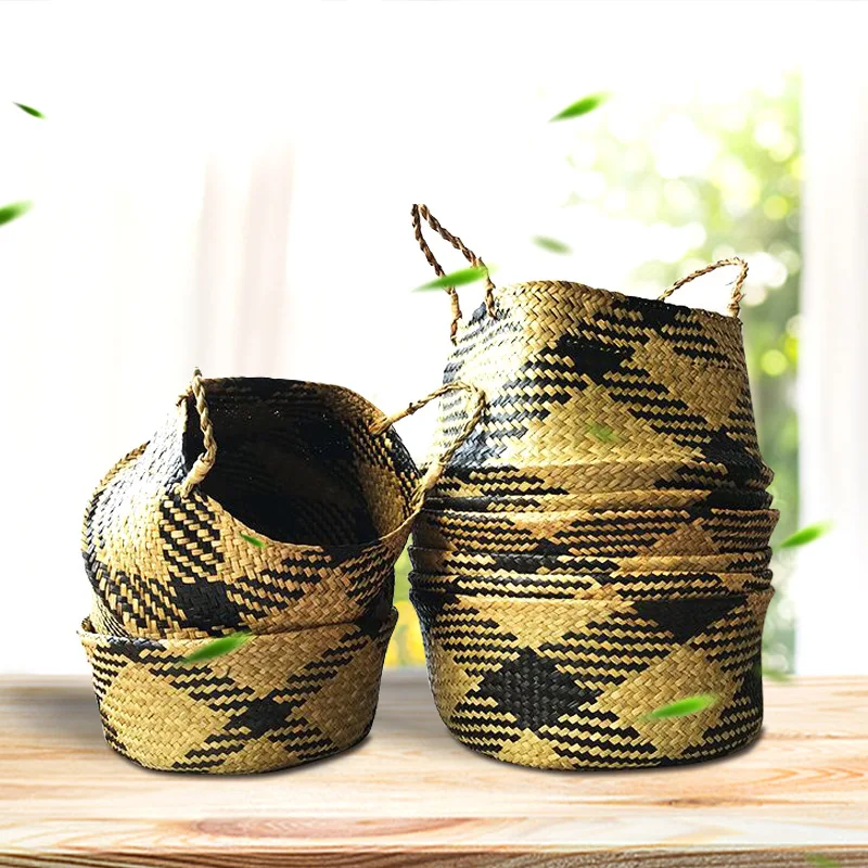 Складная корзинка ручной работы складной Плетеный ротанга Seagrass живот соломы сад плетеная корзина-горшок для цветов корзина для белья