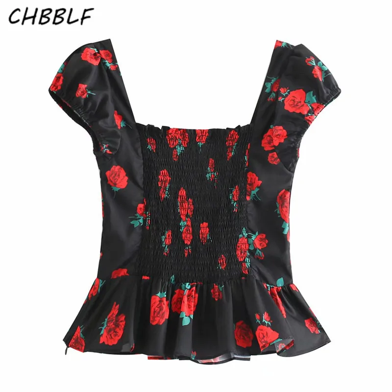 CHBBLF женский винтажный укороченный топ с принтом розы квадратный воротник
