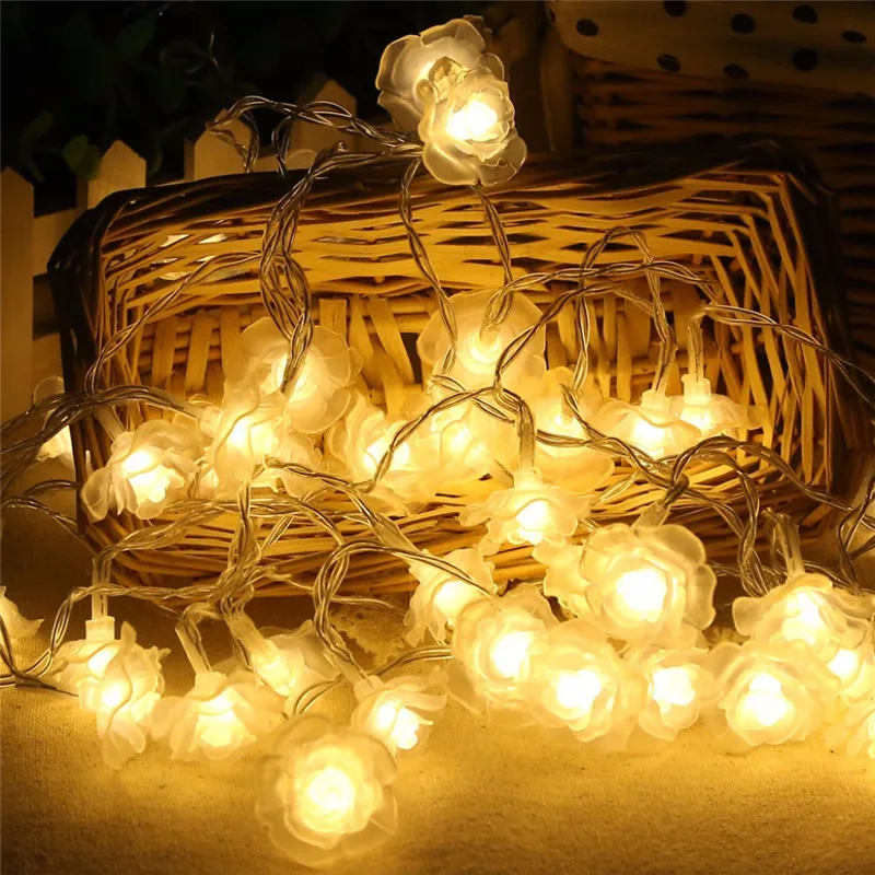 

White Rose Flower Fairy string lights 4M 20LED floral wedding party Valentines bedroom Desk decoration for Home Garden Decor