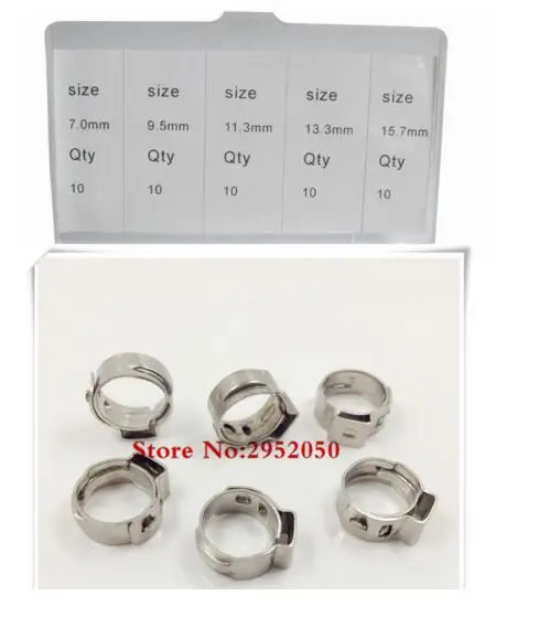 

Free shipping Pipe Clamp High Quality 50 PCS Stainless Steel 304 Single Ear Hose Clamps Assortment Kit Single