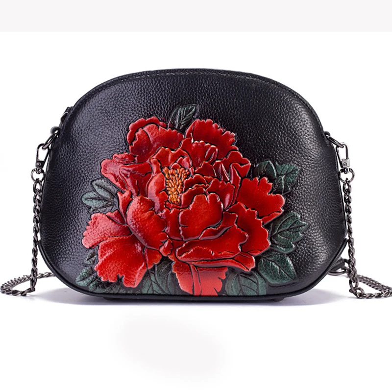 

Women Messenger Shoulder Bag Purse Floral Pattern High Quality Vintage Style Genuine Leather Mini Peony Cross Body Shell Bags