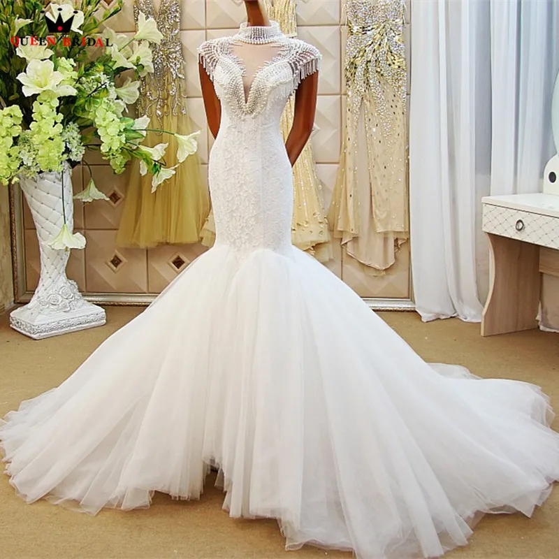 

Mermaid Fullfy Tulle Lace Crystal Pearls Sexy Formal Wedding Dresses 2021 Real Photo Luxury Wedding Gown Custom Made XH61