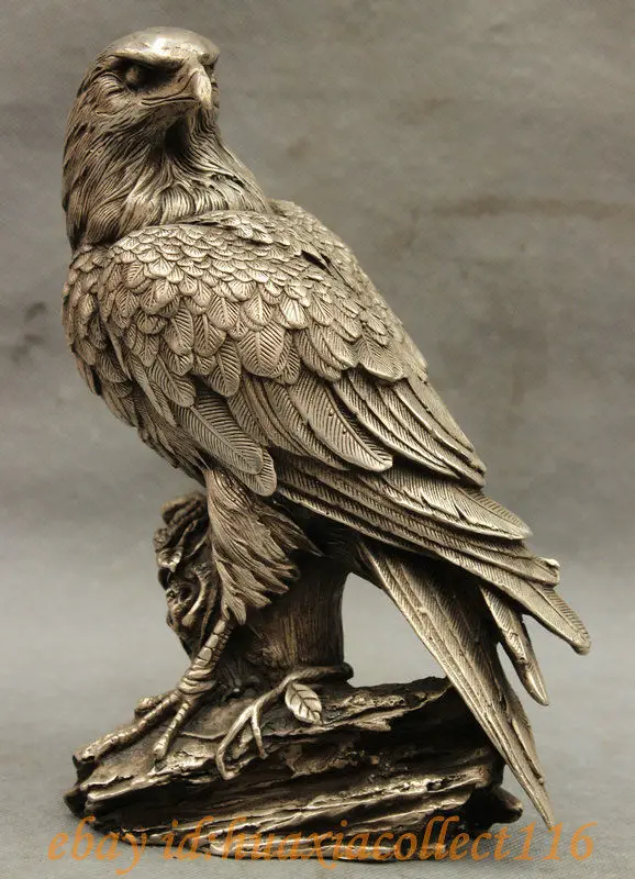 

9" Chinese Fengshui Silver Carving Hawk Eagle King Birds Animal Statue Sculpture Medicine copper Decoration real Brass