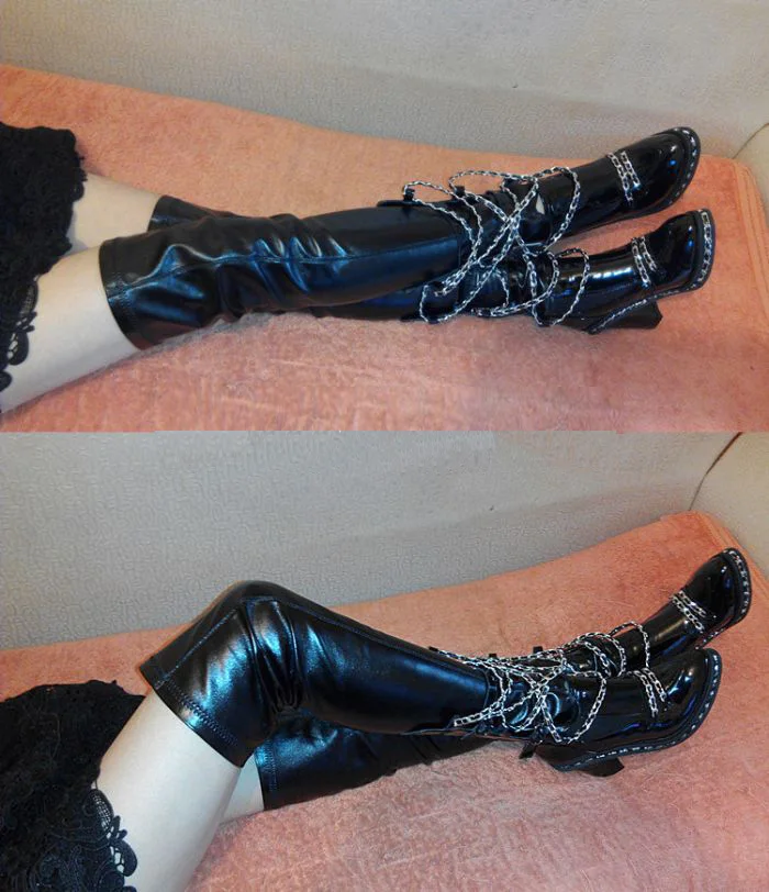 

Patent Leather Punk Style Thigh High Boots Women Sexy Metal Chains Fashion Shoes Chunky Heel Hollow Motorcycle Boots