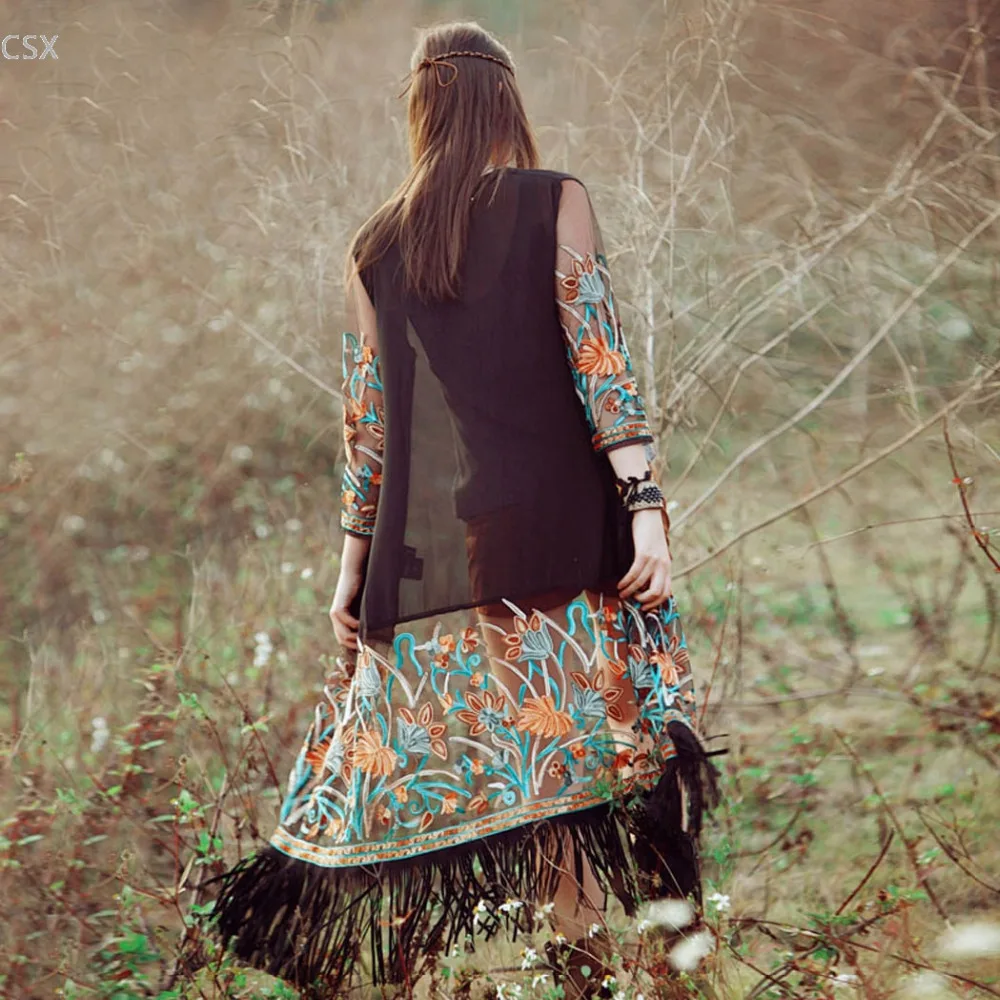 Женский прозрачный длинный кардиган с цветочной вышивкой из шифона кисточками