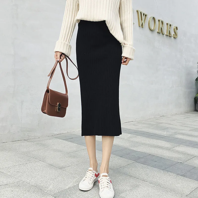 Fashion Large size knit split yarn sweater skirt autumn female fat MM long section thin package hip 611# | Женская одежда