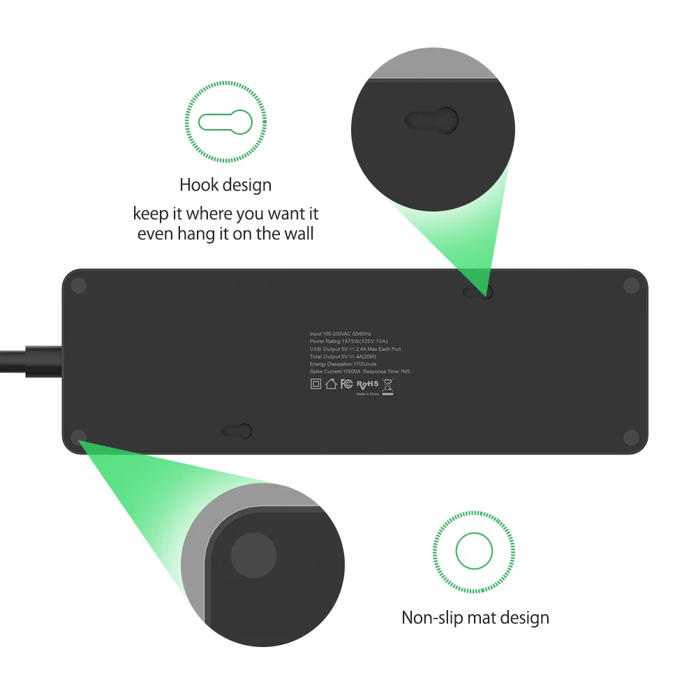 NTON Защита от перенапряжения питания семейная силовая полоса 8 AC 4 USB зарядная станция с подвесным слотом для установки в США электрическая вилка для офиса