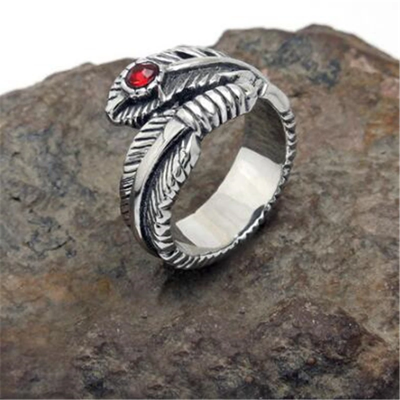 Titanium steel Rings Retro Silver Feather Handmade Vintage Red Garnet Natural Stone Jewerly Opening Size For Women And Men | Украшения и