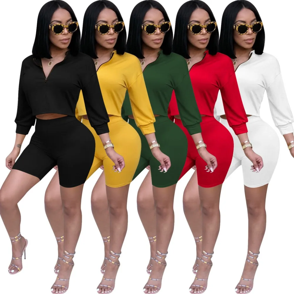 

V Neck Full Sleeve Top With Shorts Women Shorts Suits Solid Casual Women Sets