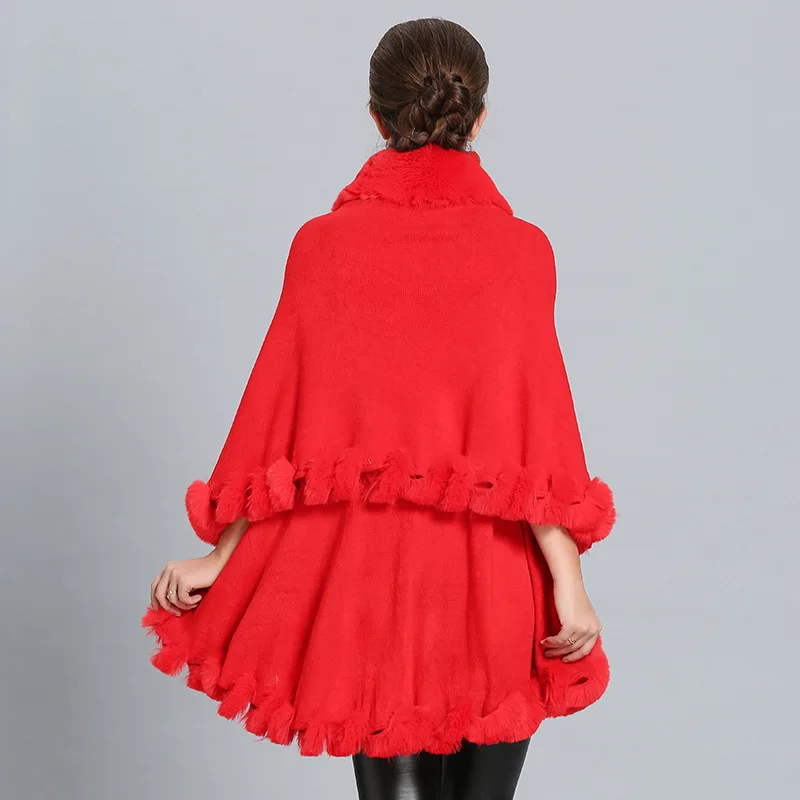2018 Winter Warm Fake Fox Fur Long Knitted 2 Layer Solid Poncho Cape Cloak Oversize Sweater Women European Cardigan Coat |