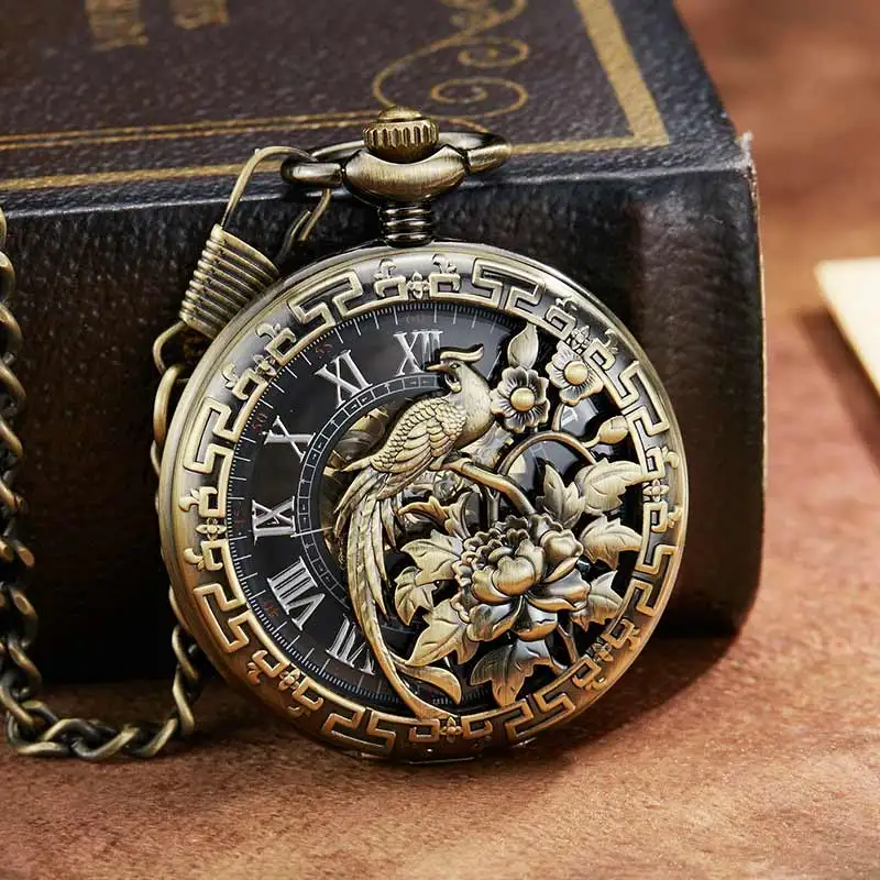 

Retro Vintage Dragon Phoenix Flower Exquisite Sculpture Mechanical Pocket Watch Chains Luckly Lover Wedding Gifts Skeleton Watch