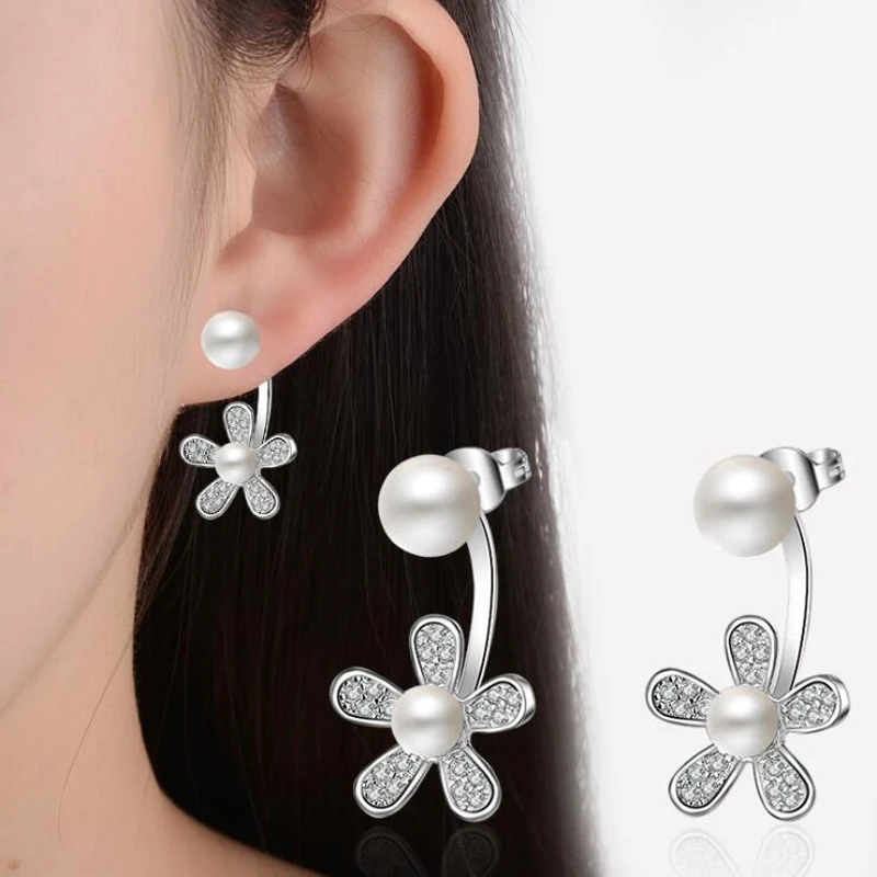 

KOFSAC New Fashion Pure Silver 925 Stud Earrings For Women Party Exquisite Full Inlay CZ Cute Daisy Pearl Earring Jewelry Gifts
