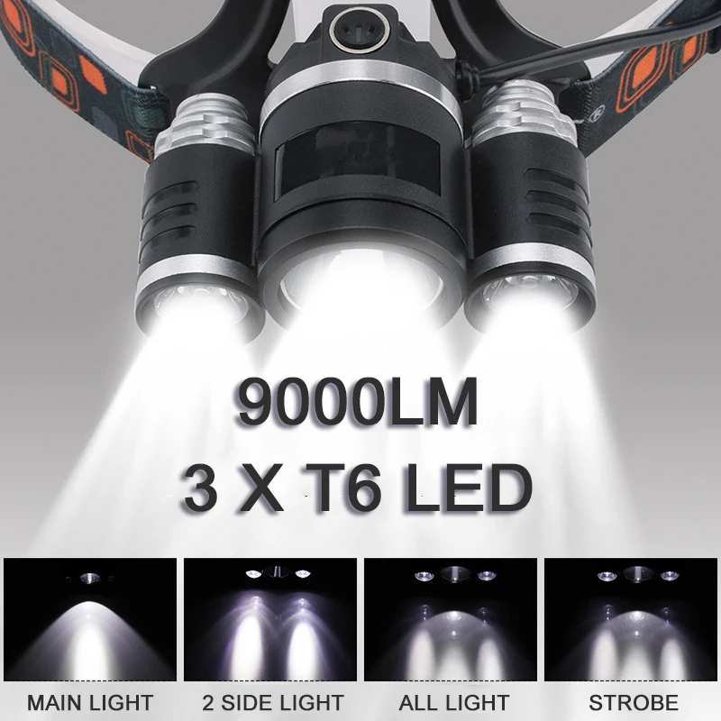 Светодиодный налобный фонарь 3 * T6 15000LM 30 Вт светодиодный светильник