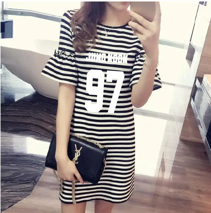 Kpop Летняя женская футболка в полоску с длинным рукавом k-pop Bangtan boys jin suga динамиком k