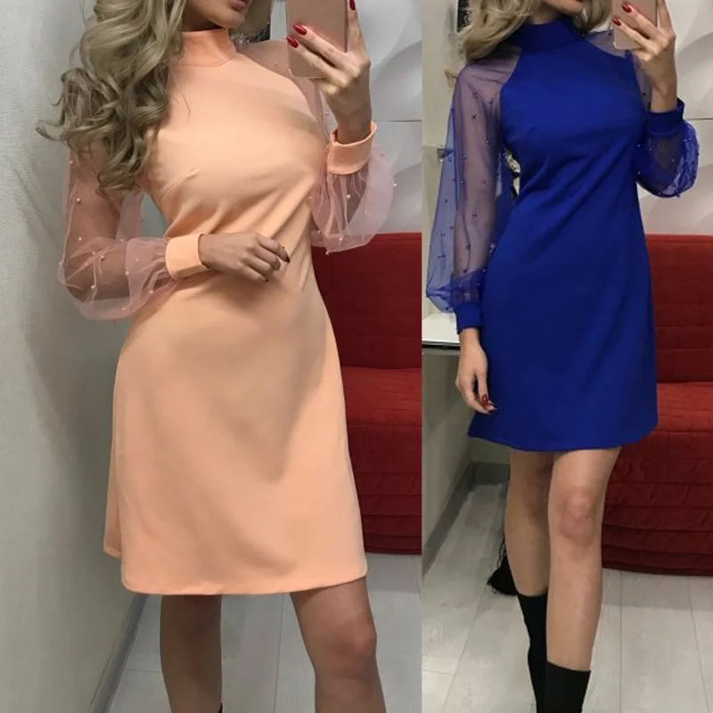 Женское весеннее платье с прозрачными длинными рукавами однотонное облегающее