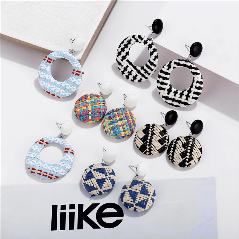 Серьги женские круглые геометрические из ротанга корейские 2019|Серьги-подвески| |