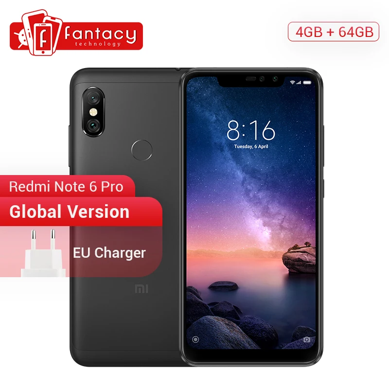 Xiaomi Redmi Note 6 Pro 4 ГБ 64 26 дюйма Нотч 19:9 FHD + экран Смартфон Snapdragon 636 Восьмиядерный 20 МП