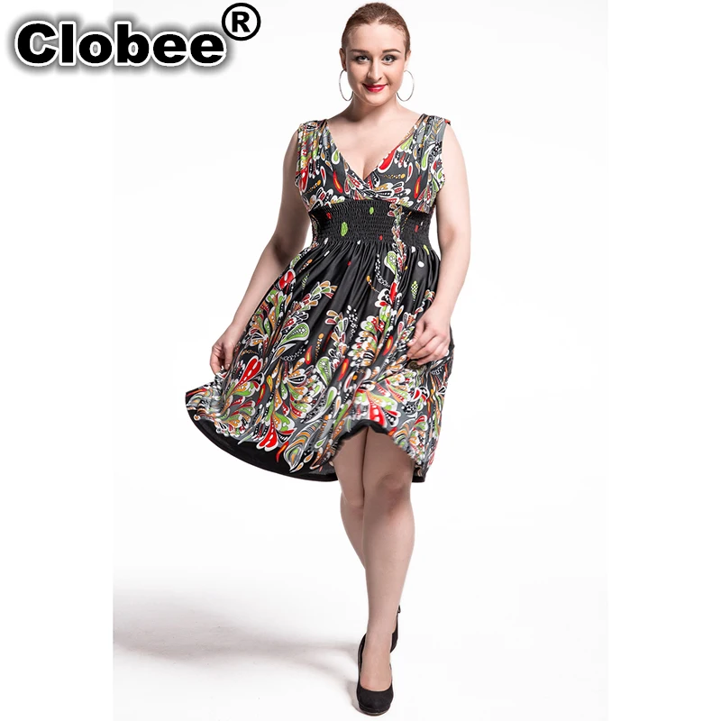 2019 женское летнее платье A Line V шеи без рукавов Сексуальная длина до колена 6XL 7XL