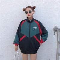 jackets women patchwork color zippered stand collar tracksuit fashion windbreaker coats hip hop female streetwear outwear