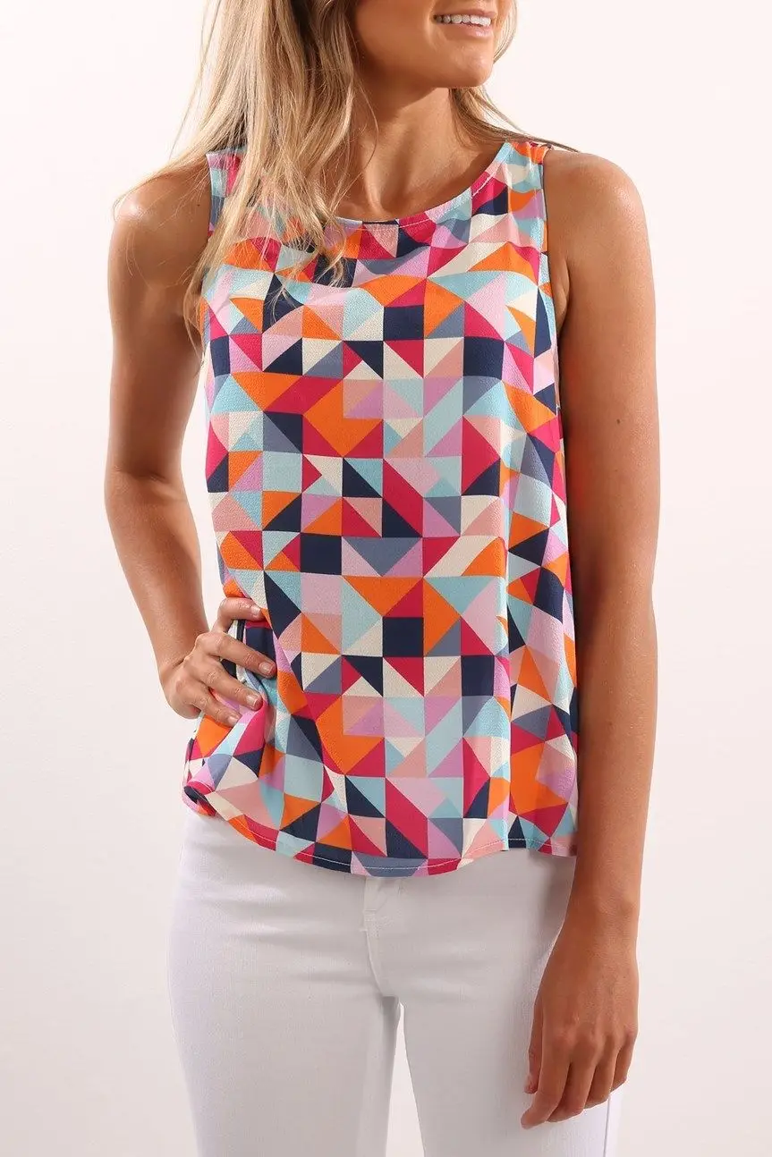 Новинка 2017 женские летние модные топы рубашка без рукавов с принтом блузка