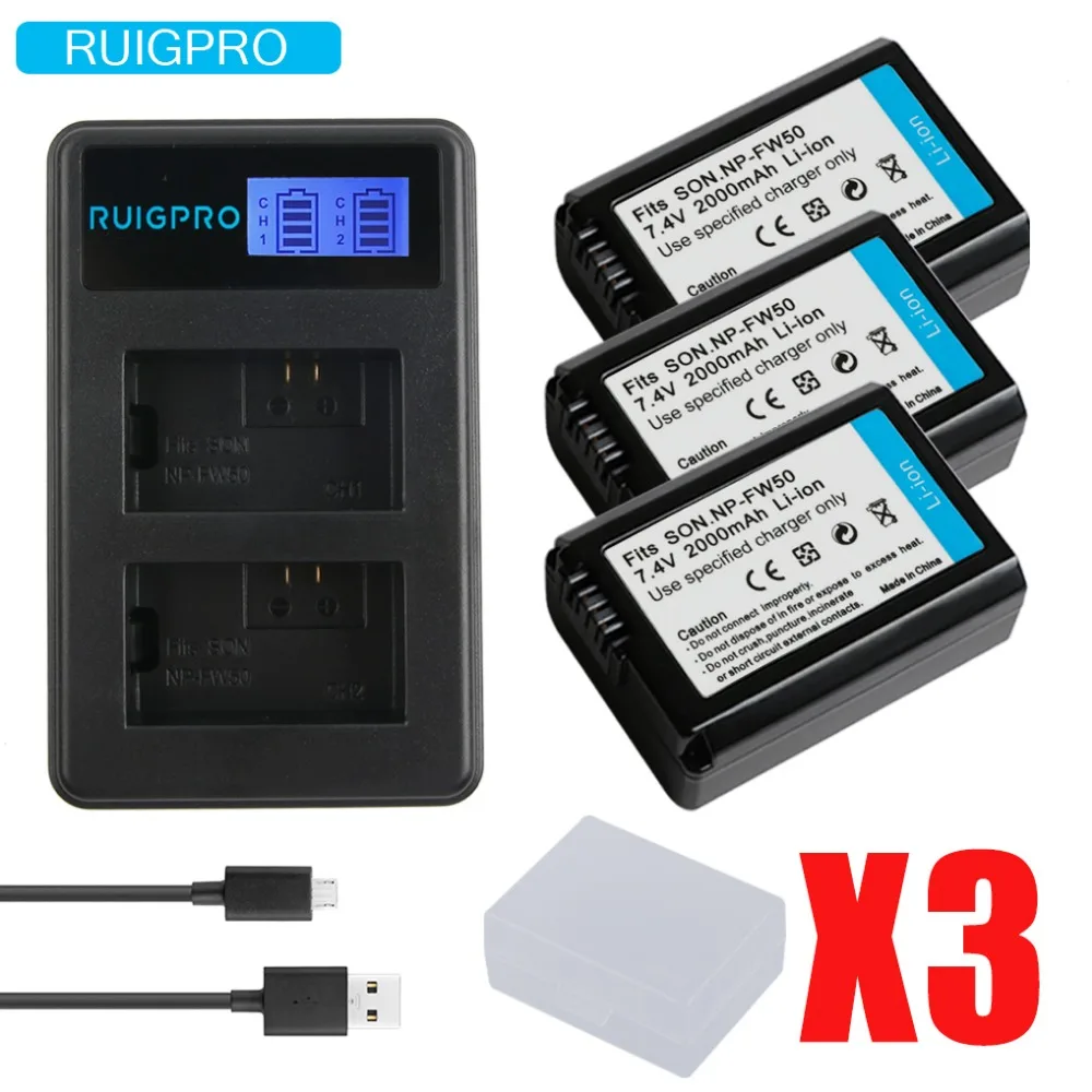 3 шт. 2000 мА/ч NP FW50 NPFW50 Батарея Akku емкостью + LCD Dual charger для sony Alpha a6500 a6300 a7 7R a7R II a7II NEX