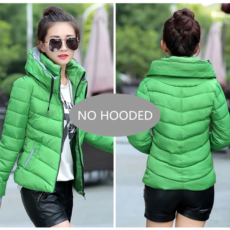 Green--No Hooded Повседневная Женская однотонная стеганая куртка короткая осенне-зимняя стеганая куртка женские пальто с капюшоном женские парки с перчатками пальто - Цвет: Green--No Hooded