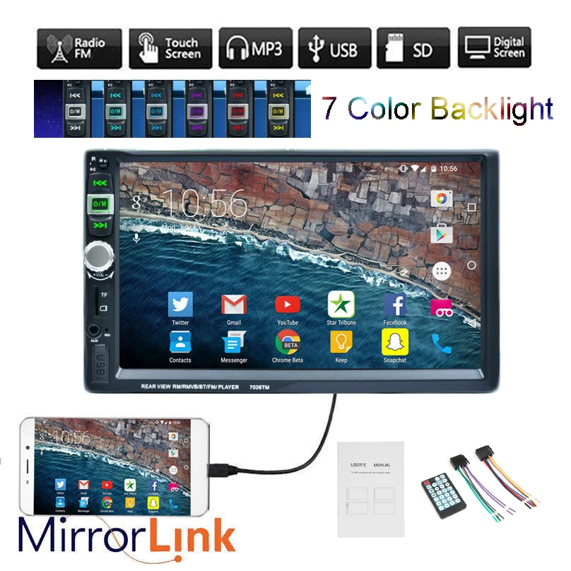 Автомагнитола с 7 дюймовым экраном MirrorLink MP5 плеер Bluetooth 2 Din сенсорный экран USB