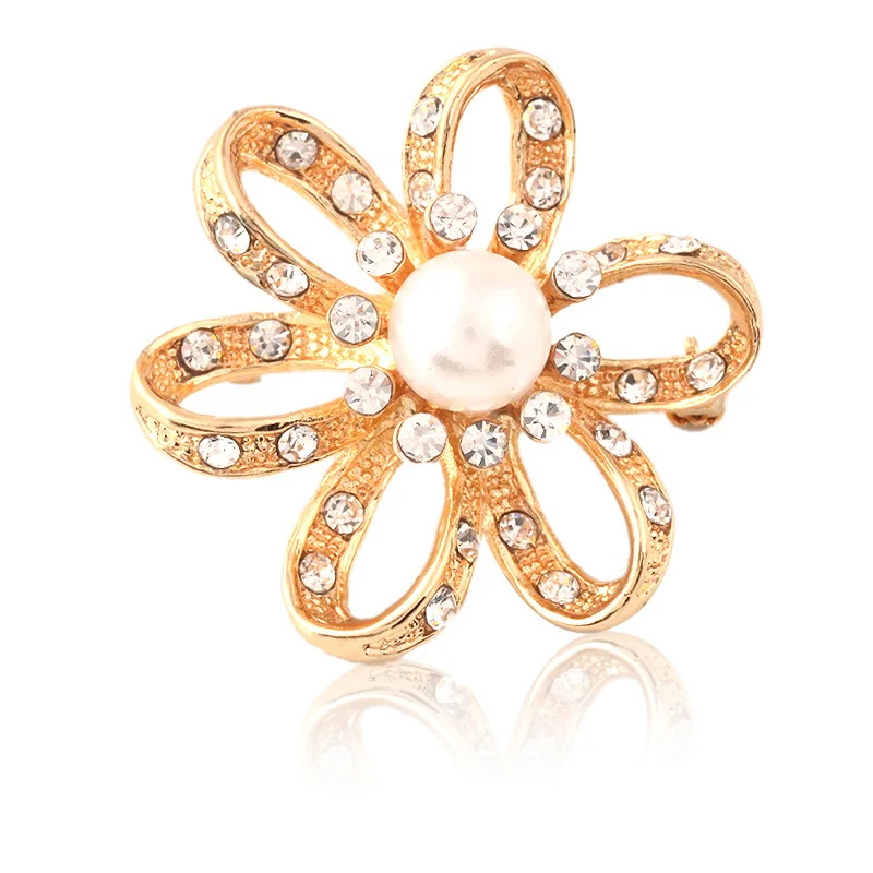 

Crystal Rhinestone Metal Flower Brooch Pin Women Garment Pearl Fashion Jewelry Accessory