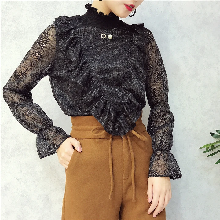ALPHALMODA V-Ruffled стоячий воротник, украшенный бисером, женские изящные футболки с вырезами на крючках, цветы, однотонные женские пуловеры, футболки