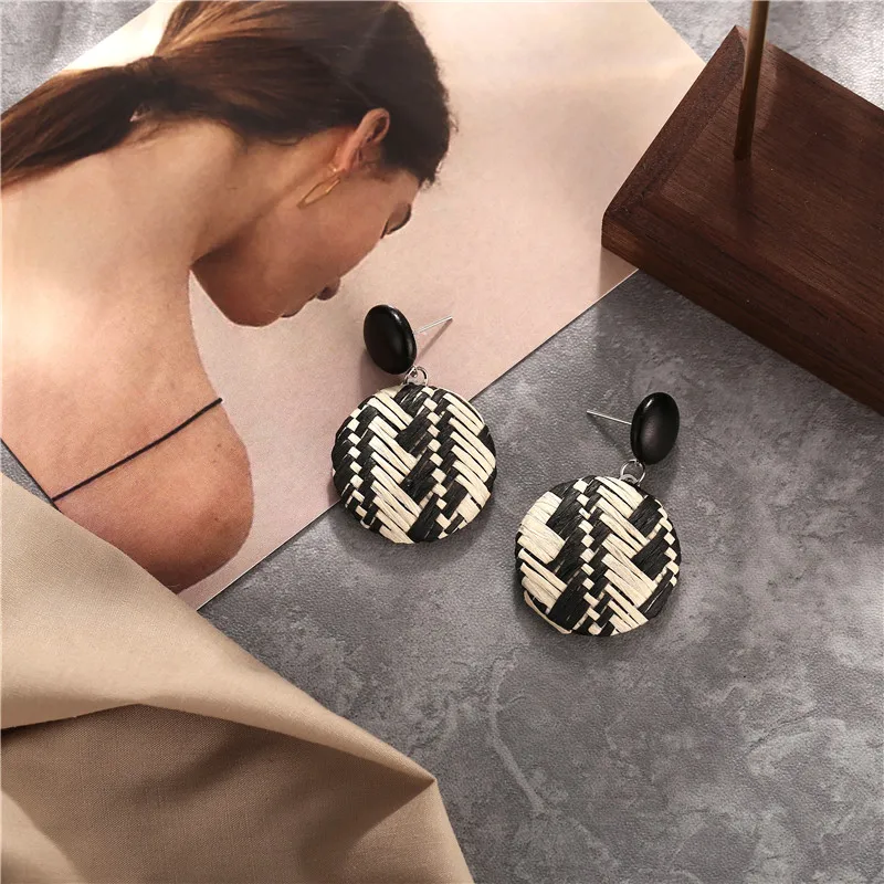 Серьги женские круглые геометрические из ротанга корейские 2019|Серьги-подвески| |