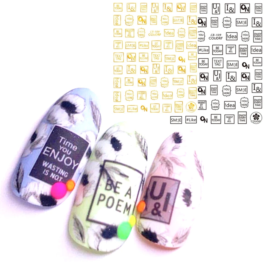 CB серии CB-109 черные белые золотые серебряные буквы стикеры 3d на ногти nail art