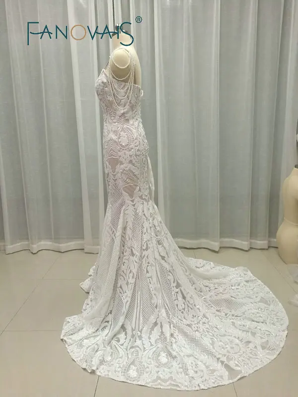 Кружева Русалка свадебные платья спагетти жемчуг роскошные robe de mariee Vestido novia 2019