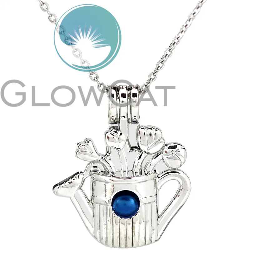 

KK946 Flower Watering Pot Beads Cage Locket Pendant Perfume Diffuser Pearl Cage Necklace