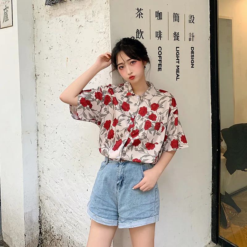 2019 женская летняя Свободная шифоновая блуза рубашки короткий рукав цветочный