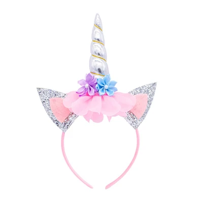 Silver Headband Украшения для вечеринки на день рождения для детей, девочек 1 год, вечерние украшения в виде единорога, набор воздушных шаров, повязка на голову в виде единорога, милый 16 Топпер для торта - Цвет: Silver Headband