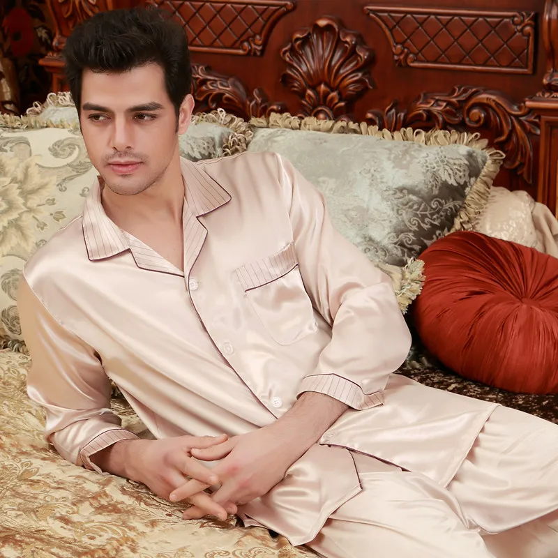 Adult Silk Embroidered Pajamas Long Sleeved Male Female Couple Silk Sleepwear 2pcs Men's Suit Home Furnishing Nightwear  B-5846