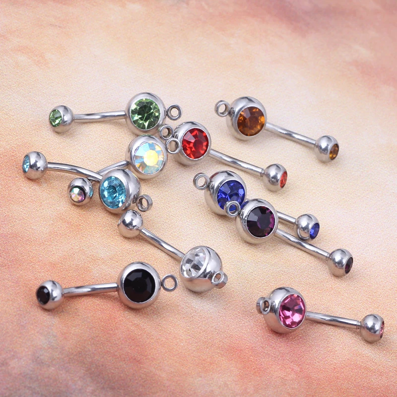 Двойное кольцо для пирсинга из нержавеющей стали со стразами и кнопками живота
