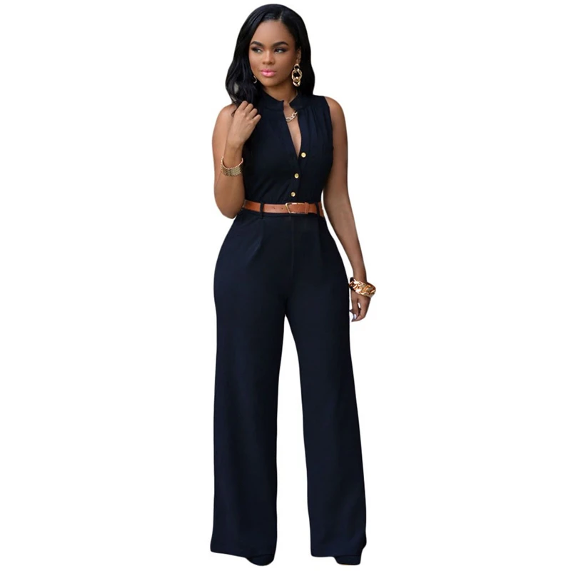 12 Colors Fashion Big Women Sleeveless Maxi Overalls Belted Wide Leg Jumpsuit macacao long pant Elegant Jumpsuits | Женская одежда