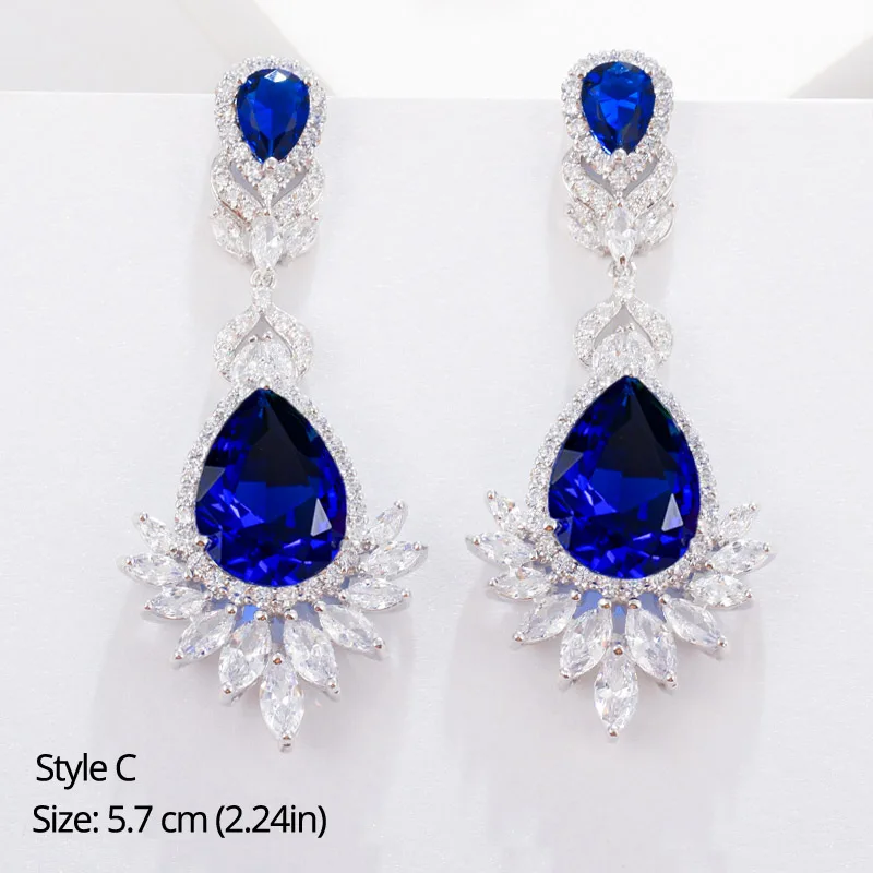 Style C BeaQueen листья цветок каплевидный кубический циркон Королевский ЮВЕЛИРНЫЙ Большой темно-голубой фианит длинные свисающие свадебные серьги для женщин E293 - Окраска металла: Style C