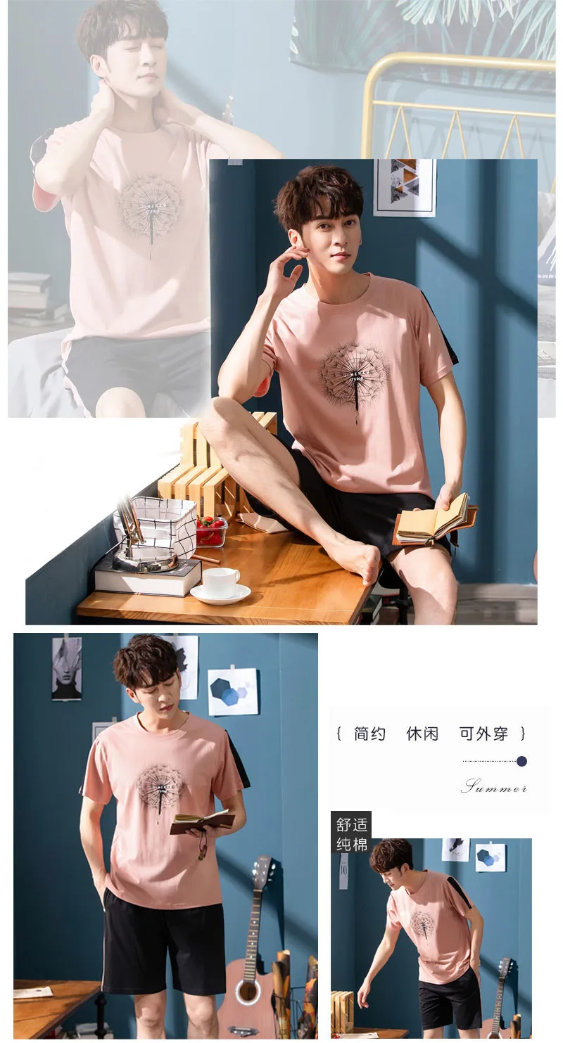 Mens Pajama Set Cotton Home Clothing Leisure Sleeping Suit Men Summer Shorts Pyjama Set Cotton Men Two Pieces Nightwear Men