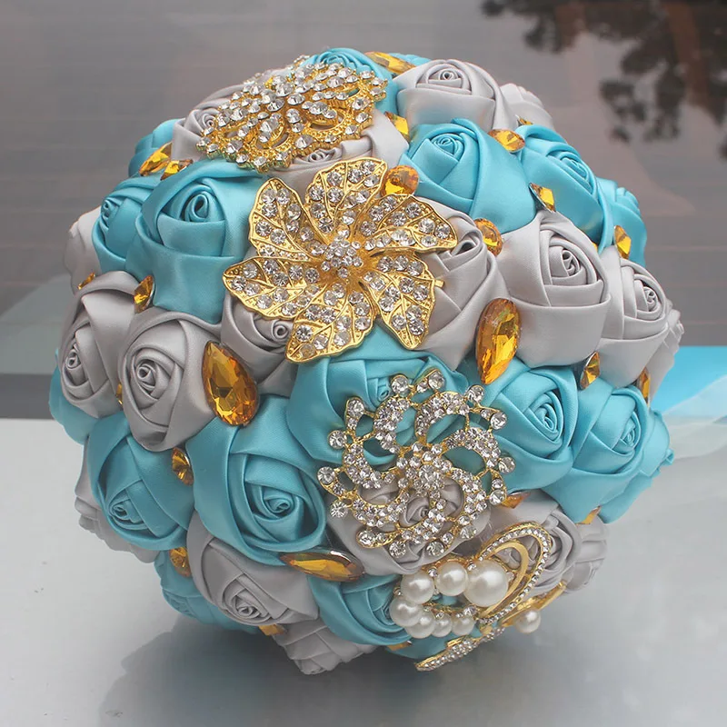 18CM Wedding Bouquet Luxury Gold Crystal Brooch Bridal Handmade Silk Rose Ribbon Flowers Artificia Fake Flower | Дом и сад