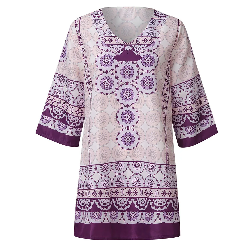 Этническое женское летнее модное Повседневное платье с принтом и v-образным