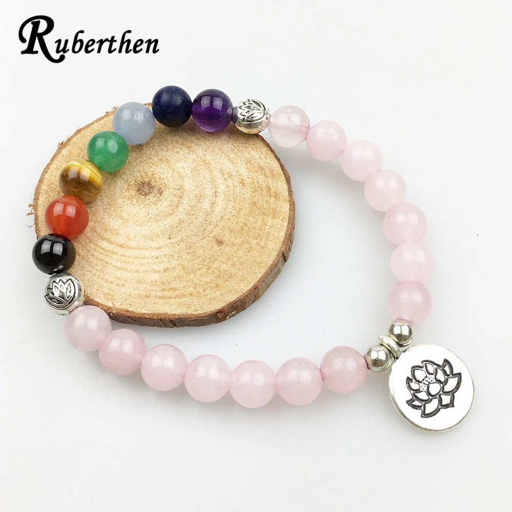 Женский браслет Ruberthen в винтажном стиле балансировка йоги 7 чакр розовый кварц