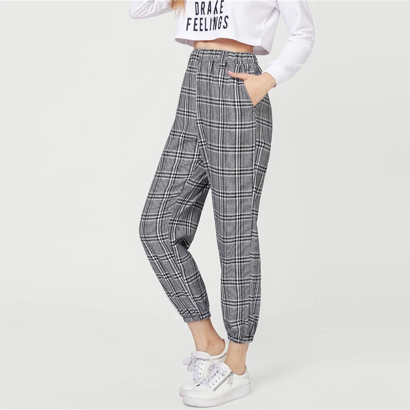 Dotfashion/серые клетчатые штаны с карманами и эластичной талией для женщин; повседневные брюки; коллекция года; Осенняя модная одежда для женщин; брюки в Корейском стиле