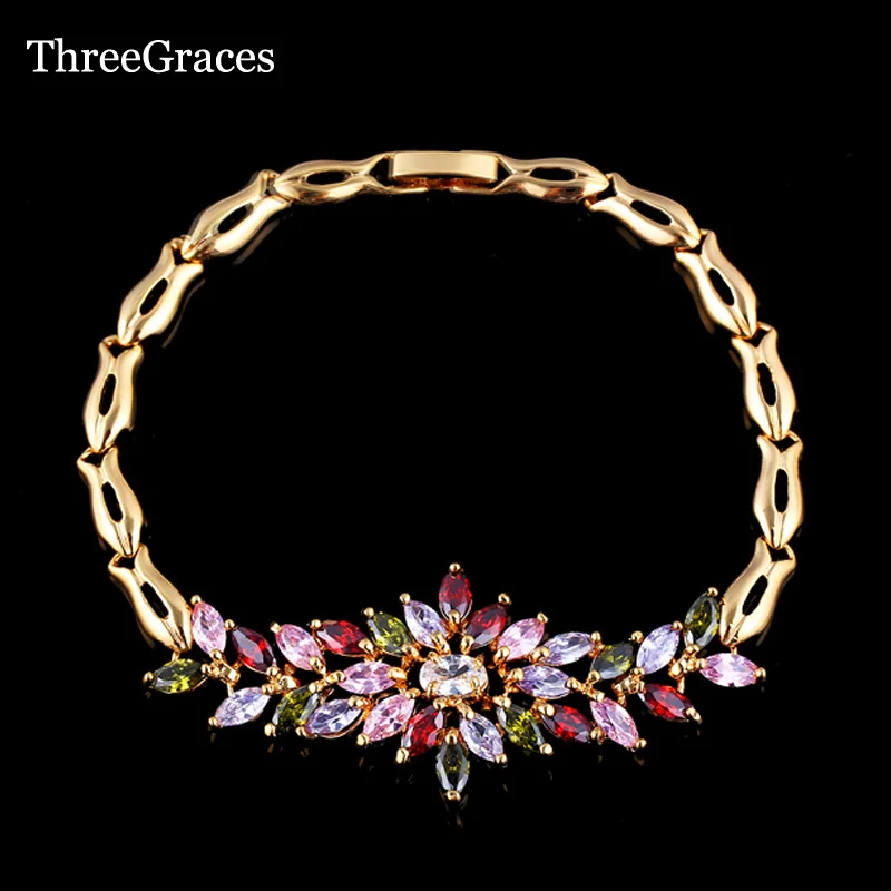 ThreeGraces Летний стиль золотой цвет цепочка много цветов кубический цирконий