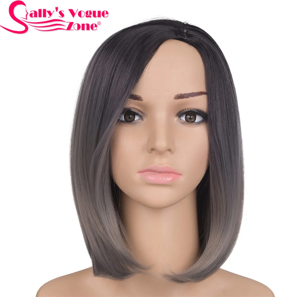 

Sallyhair 12inch Japanese High Temperature Fiber Synthetic Centre Part Short Black Dark Grey Color Bob Wigs For Women