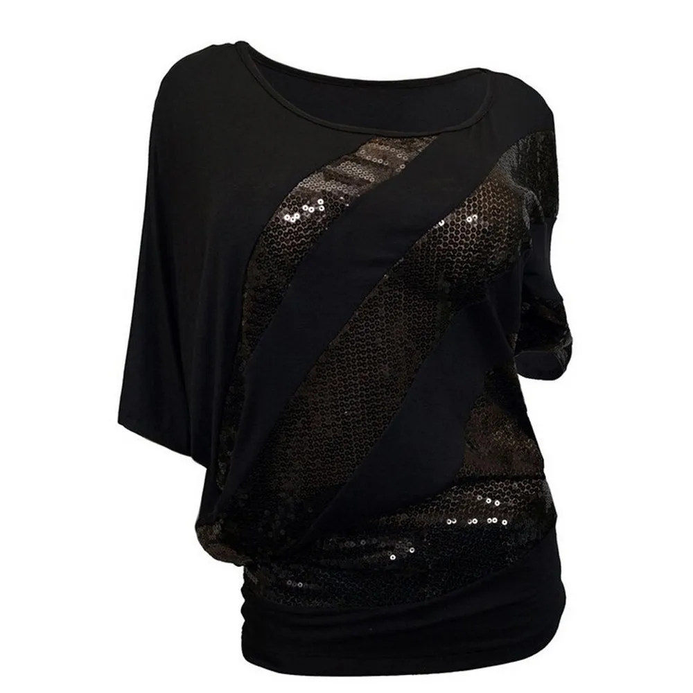 Women Sequin Causel T-Shirt Top Plus Size S-3XL Womens summer clothing t shirt femme in Black Blue Green Gray Purple Red Yellow | Женская